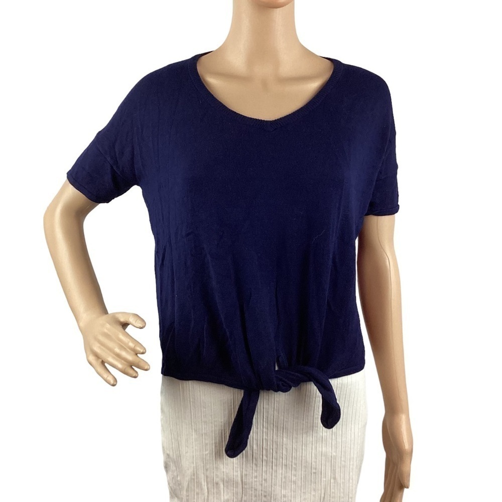 John + Jenn Sweater Size XS Navy Blue V-Neck Short Sleeve Tie Waist